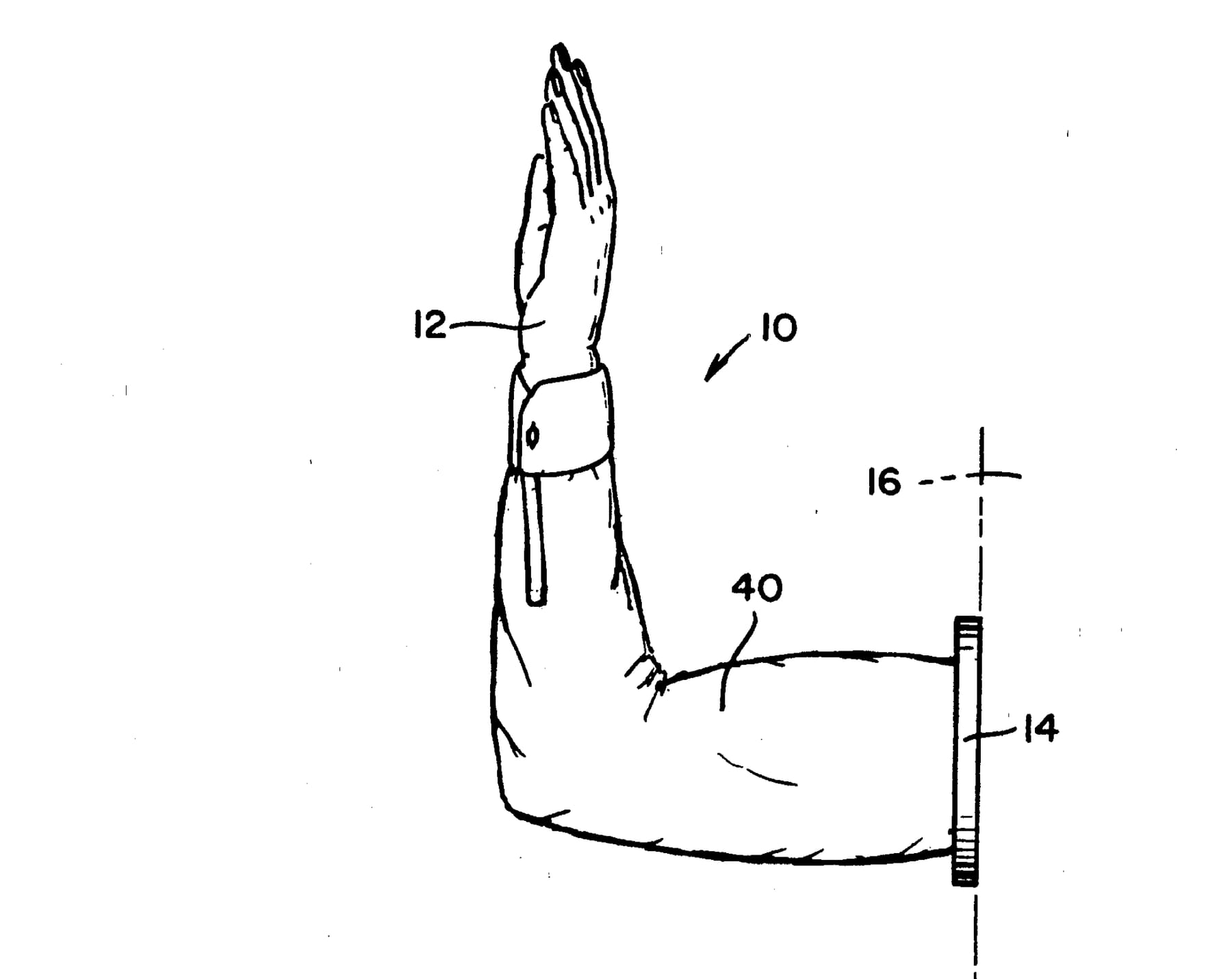 A patent line drawing of a human arm with no body attached. The upper arm projects horizontally from a circular mounting plate fixed to a vertical wall, then bends upward at the elbow so the forearm rises vertically with the hand open and the palm facing outward. The arm wears a rolled shirt sleeve with a buttoned cuff at the wrist, and fine hairs are drawn along the forearm. Reference numerals label the assembly, the simulated hand, the mounting plate, the wall axis and the shirt sleeve.