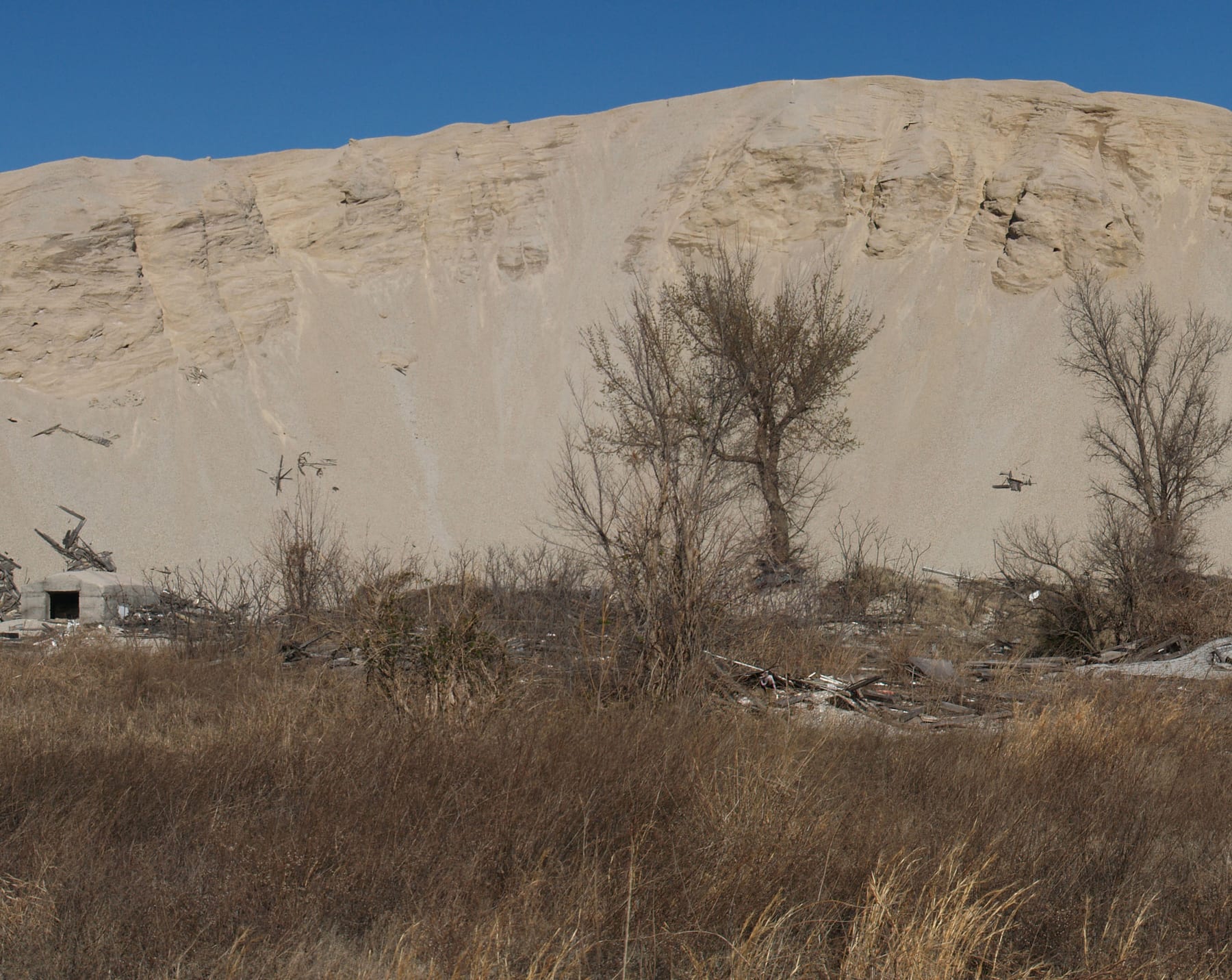 A photograph of an enormous pale grey-white mound of crushed rock filling most of the frame, its surface smooth and dune-like with vertical erosion channels running down the face. The mound rises well above the surrounding flat ground against a clear deep blue sky. At its base stand a few bare dead trees and low scrub, and a small ruined concrete structure sits at the lower left. The foreground is dry pale grass. There is nothing in the frame to indicate a town.